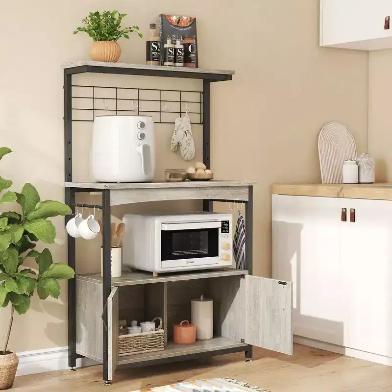 Height-Adjustable Microwave Stand Baker's Rack with Cabinet, Hooks & Wheels, Kitchen Storage