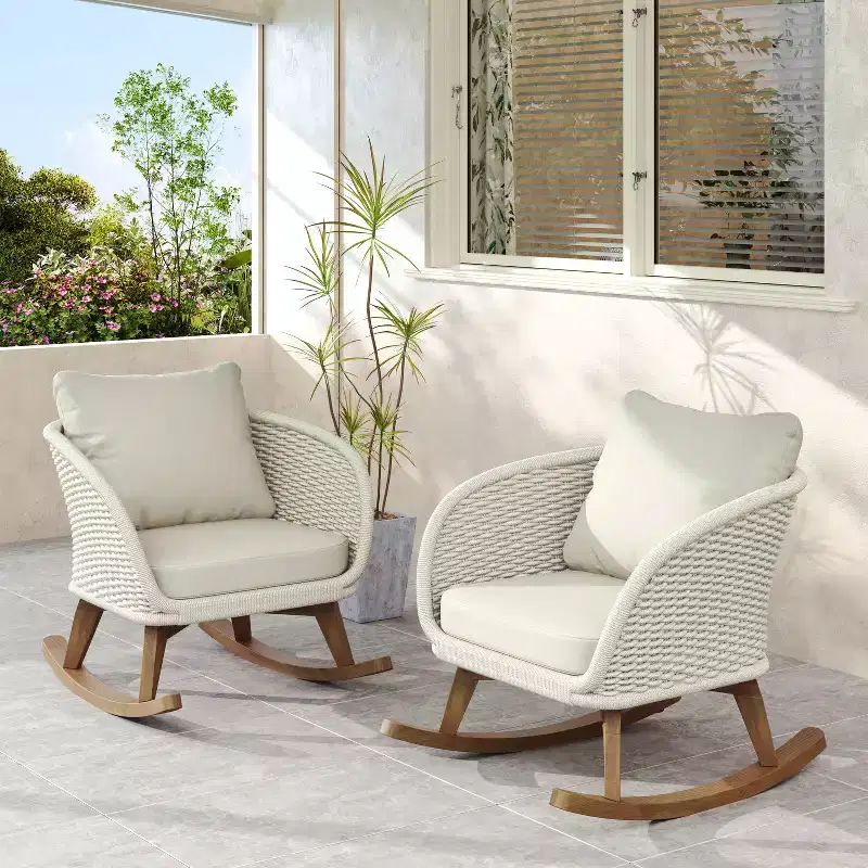 Set of 2 Contemporary Minimalist Beige Wicker Rocking Chairs with Soft Cushions, for Indoor and Outdoor Use