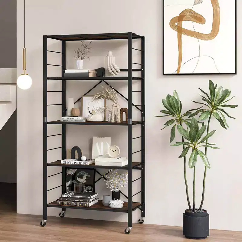 5-Tier Folding Shelving Unit with 4 Wheels, DIY Configurable, Black/Natural