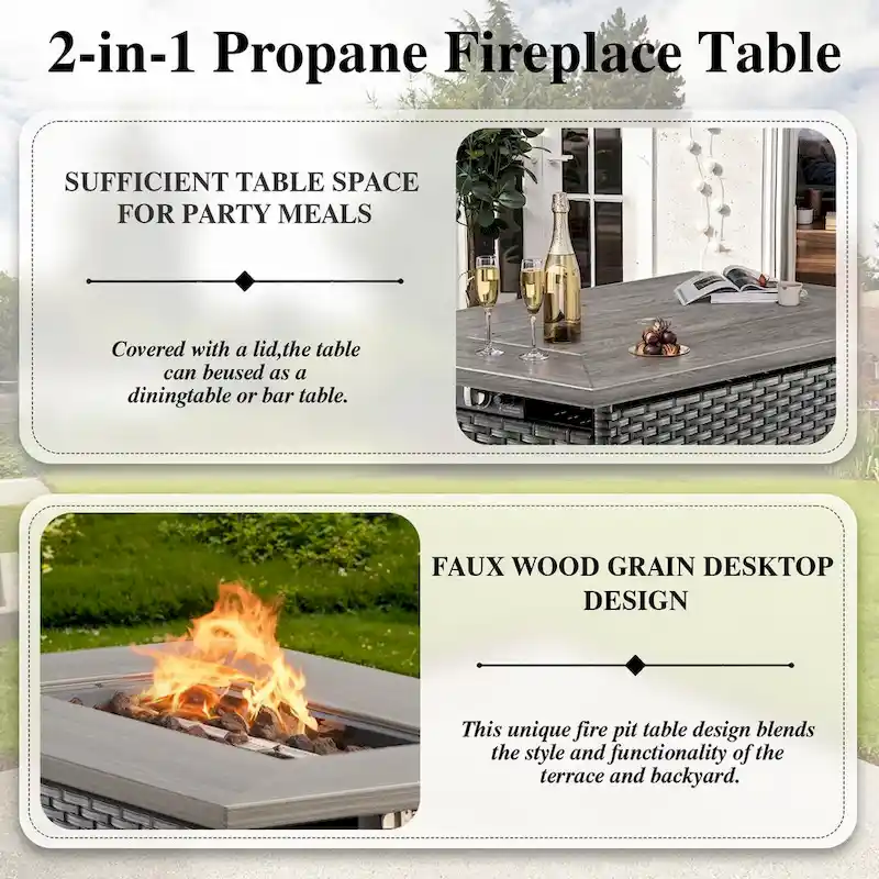 5 Piece Patio Furniture with Fire Pit Table - Grey