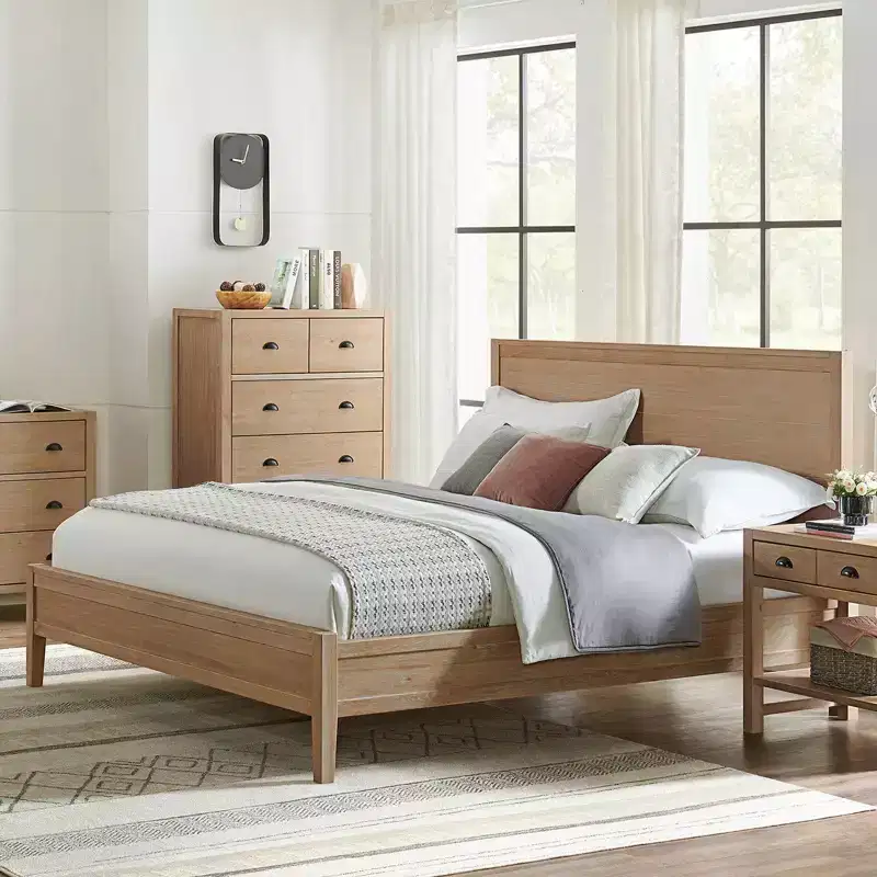 Panel Wood Bed, Light Driftwood Finish, Queen Size