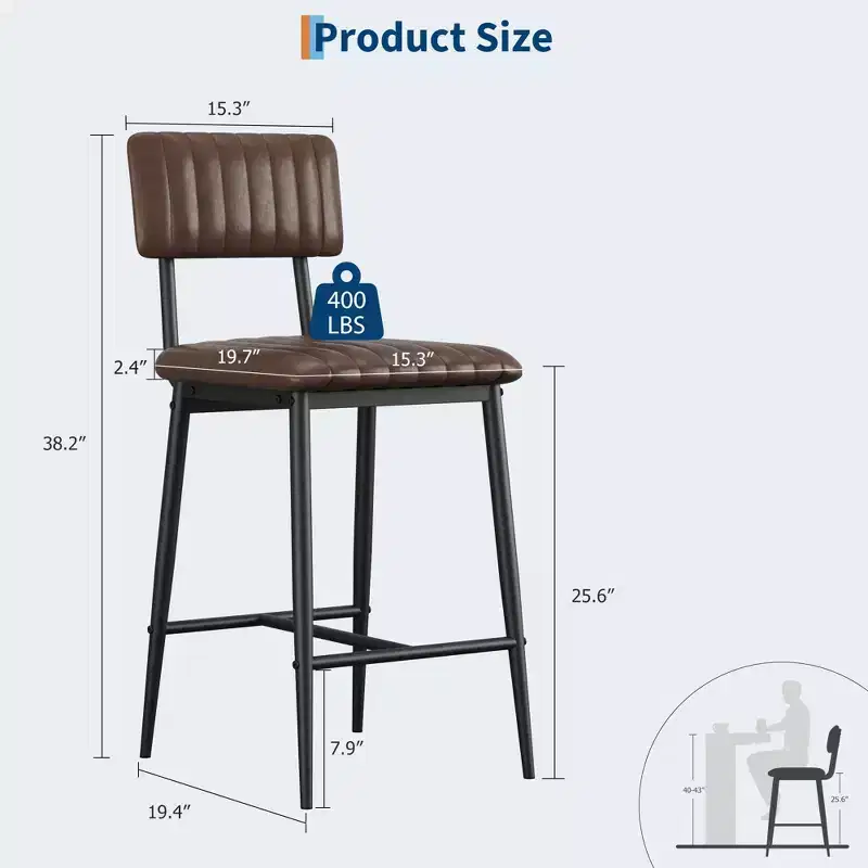 Counter Height Chairs with Backrest, Footrest & Thick Cushion, Upholstered Seat, Reinforced Metal Legs for Kitchen Island, Bar