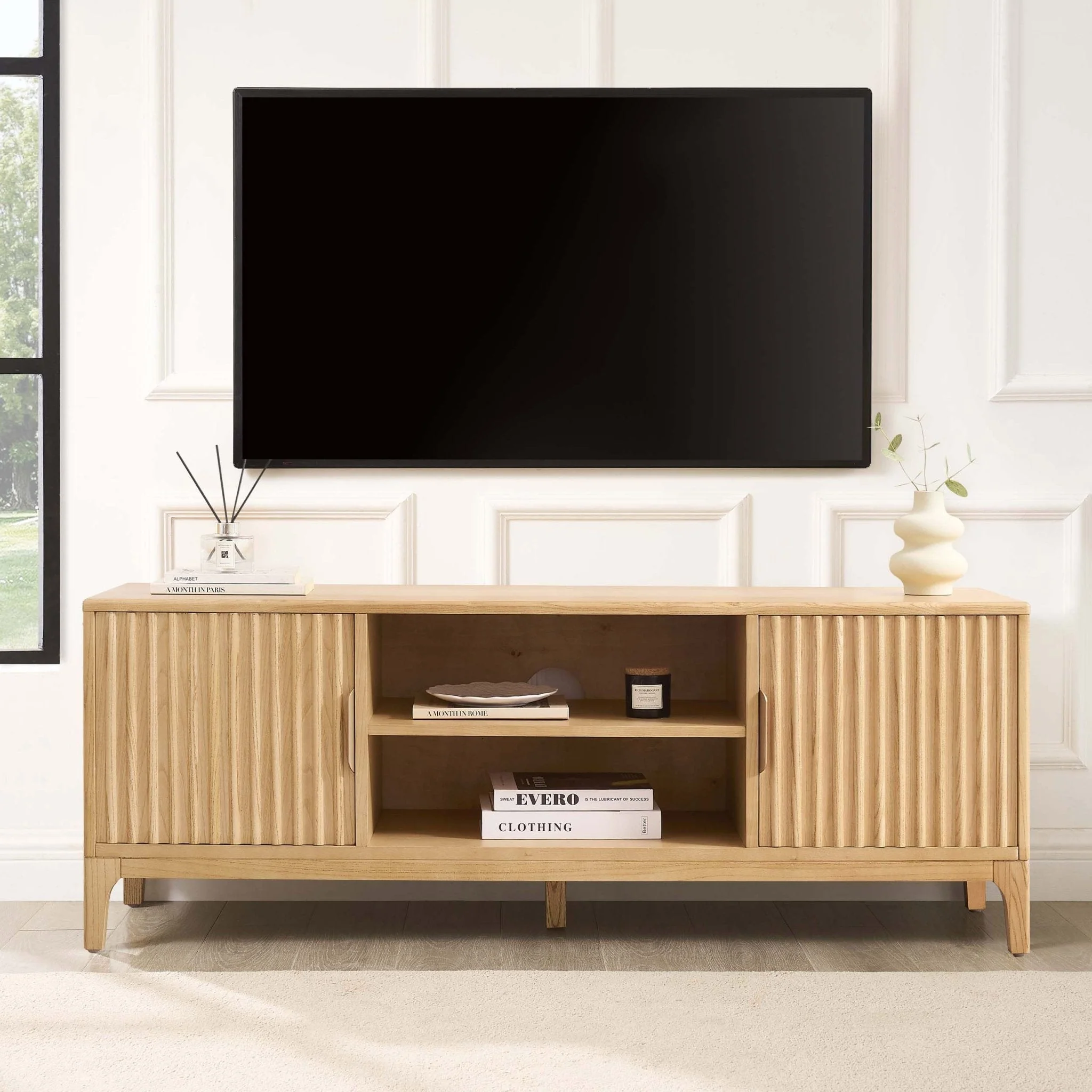 Scandi Light Wood Veneer TV Unit with Sleek Design for TVs up to 60 Inch for Living Room