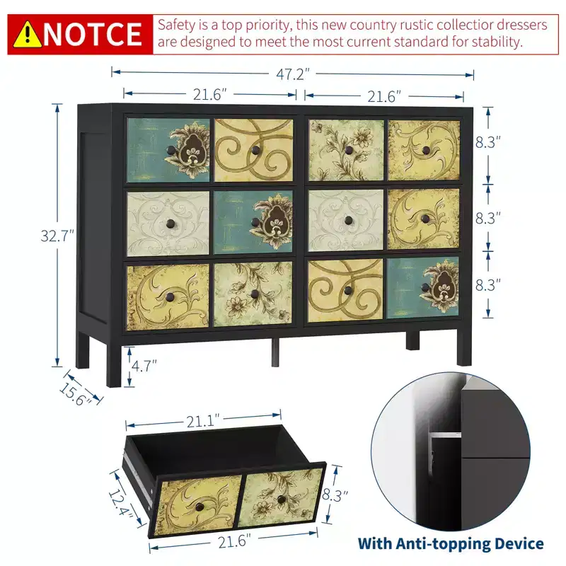 6 Drawer Dresser for Bedroom, Wooden Chest of Drawers, Retro Floral Pattern Dresser, Farmhouse Dressers for Bedroom, Living Room, Hallway, Entryway