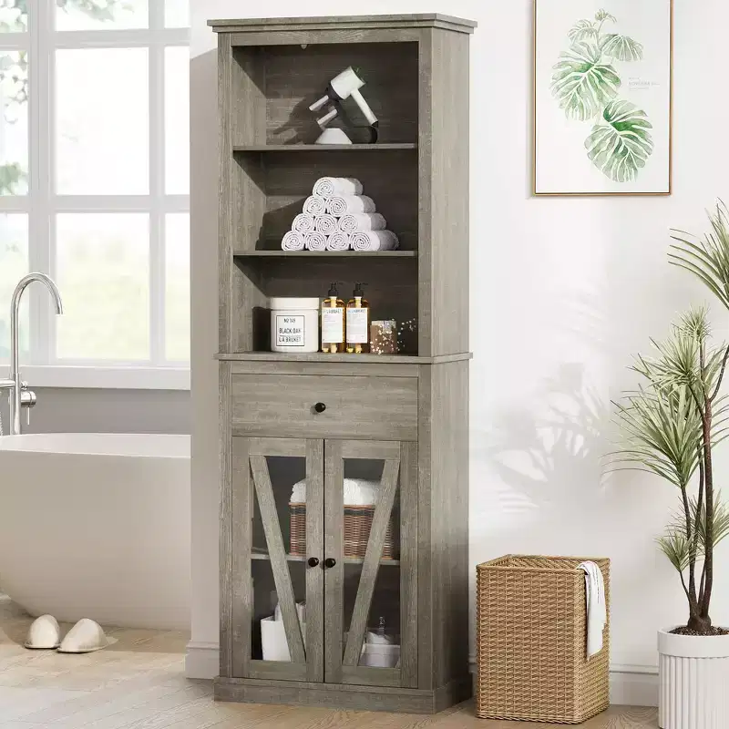 Farmhouse Storage Cabinet with Adjustable Shelves, Tall Bathroom Cabinet with Drawer for Living Room