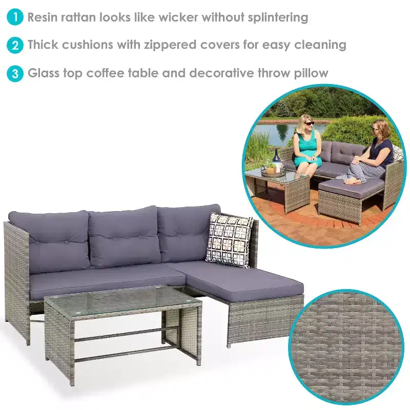 Sunnydaze Outdoor Rattan Longford Patio Conversation Set with Chaise Lounge Sectional Sofa, Seat Cushions, and Coffee Table - Charcoal - 2pc