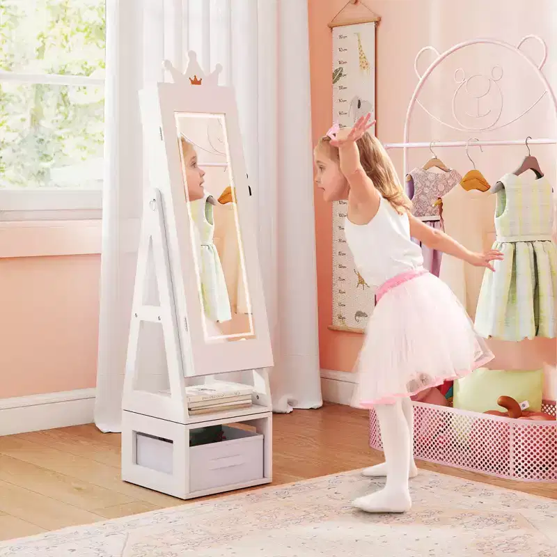 Swivel Kids Jewelry Cabinet w/ Lights Full-Length Mirror & Built-in Mirror