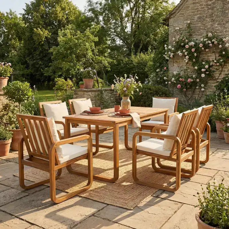 GDFStudio Camille 7-Piece Acacia Wood Patio Dining Set with Cushions