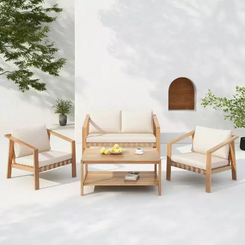 Christopher Knight Home Fraser 4-Piece Patio Slat Design Acacia Wood Upholstered Seating Set