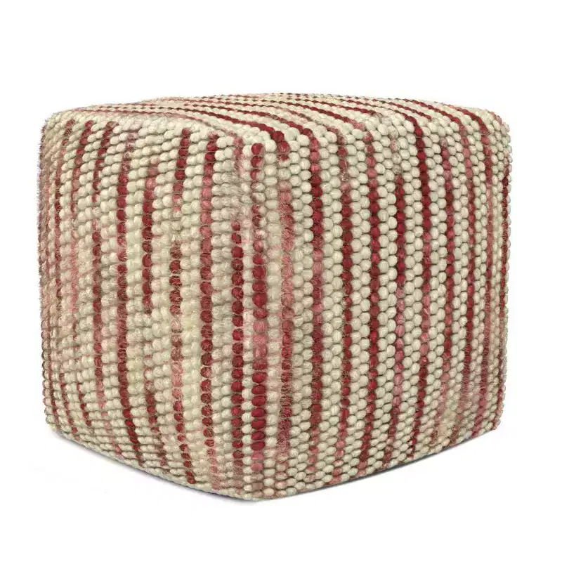 Maroon Handcrafted Woven Wool Cube Pouf - Square Upholstered Footrest