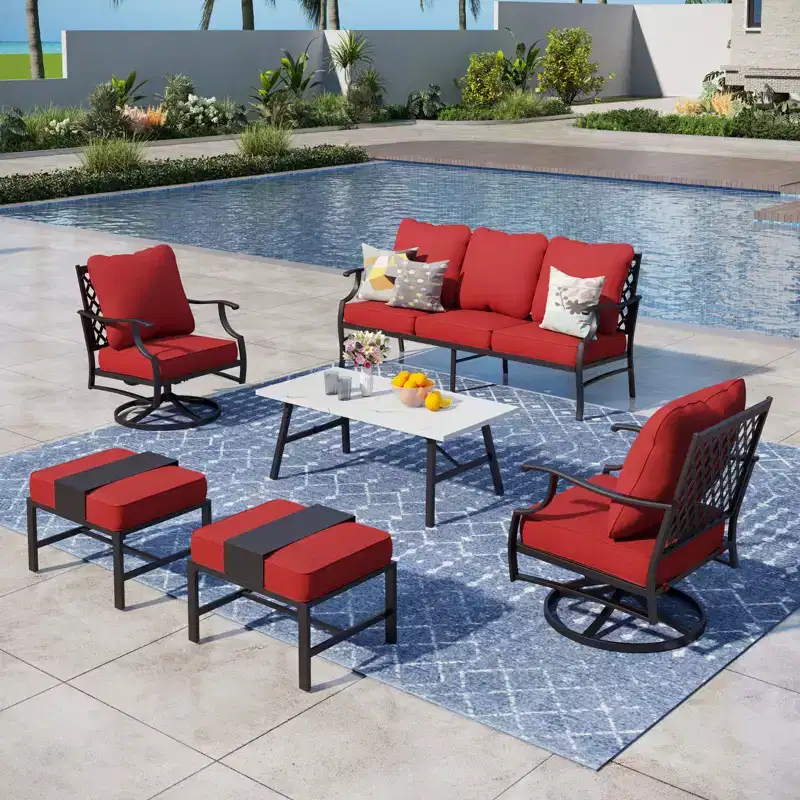 Captiva Designs 6pc Metal Patio Outdoor Conversation Set with Swivel Grid-back Chairs, Ottomans and Coffee Table