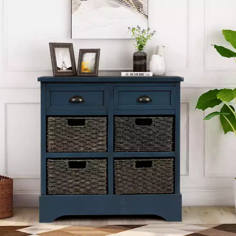 Rustic Storage Cabinet with 2 Drawers and 4 Rattan Baskets