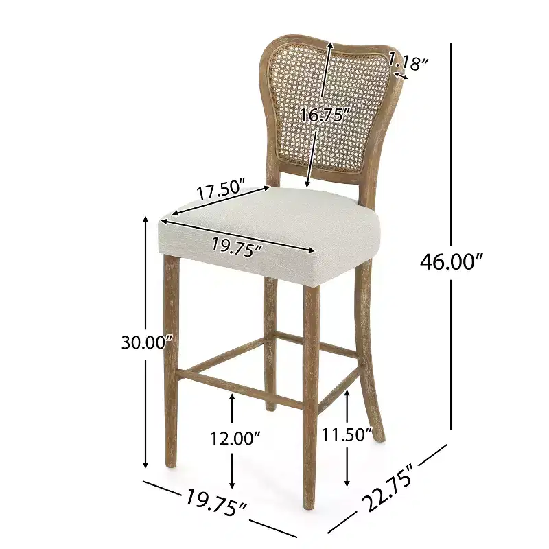 GDFStudio Wracy Upholstered 30 Rattan Back Rubber Wood Frame Barstool with Footrest, Light Brown