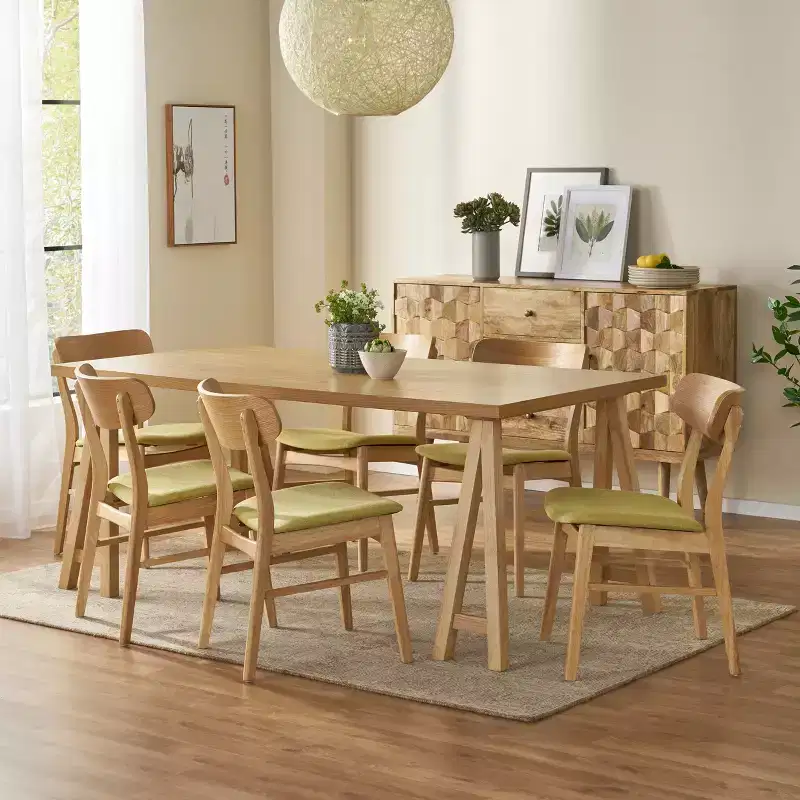 GDFStudio Alexis Mid Century Modern 7 Piece Fabric and Upholstered Rubberwood Dining Set