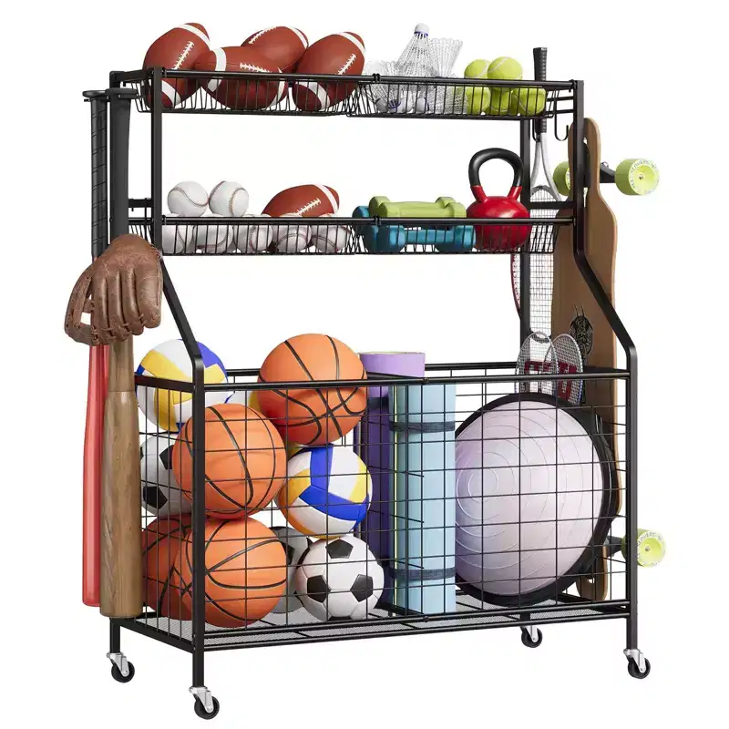 Sports Equipment Garage Organizer, Sports & Toy Storage Organizer for Garage, Outdoor Ball Storage with Baskets, Hooks & Rolling Cart, Ball Rack