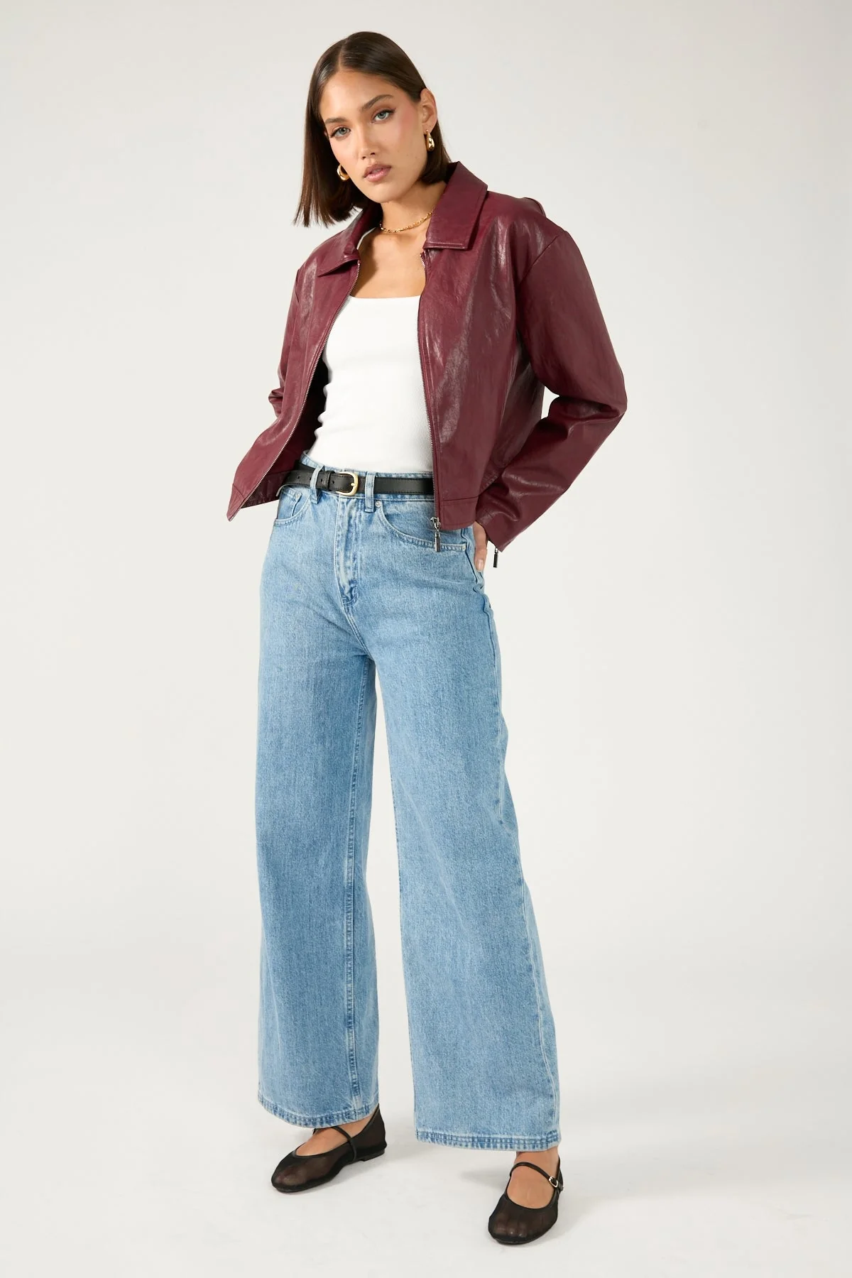 Faux Leather Zip Up Jacket Burgundy