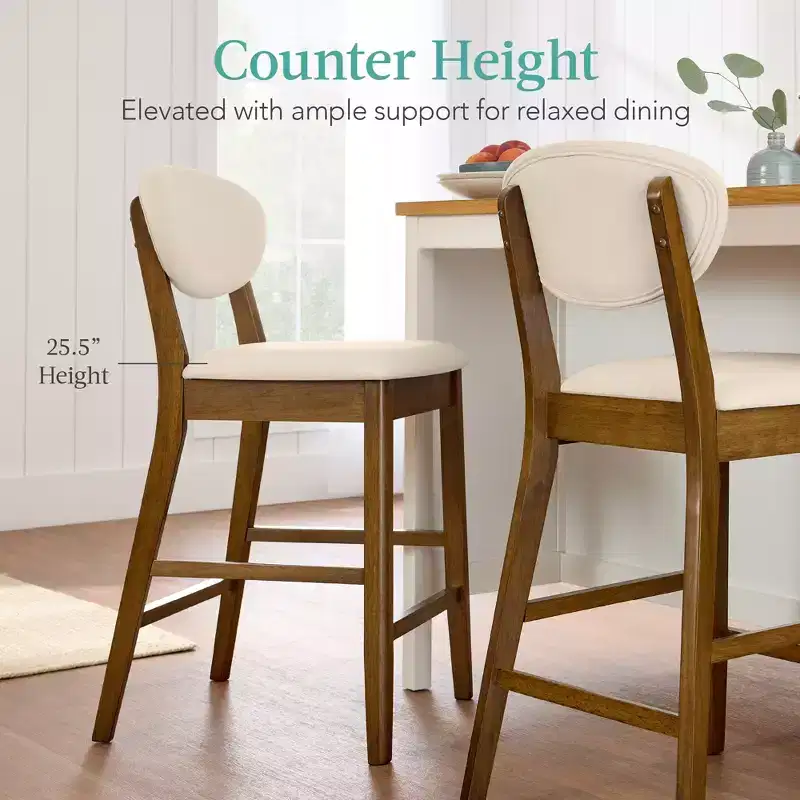 2-Piece Mid-Century Modern Wood and Upholstered Counter Height Bar Stool Set