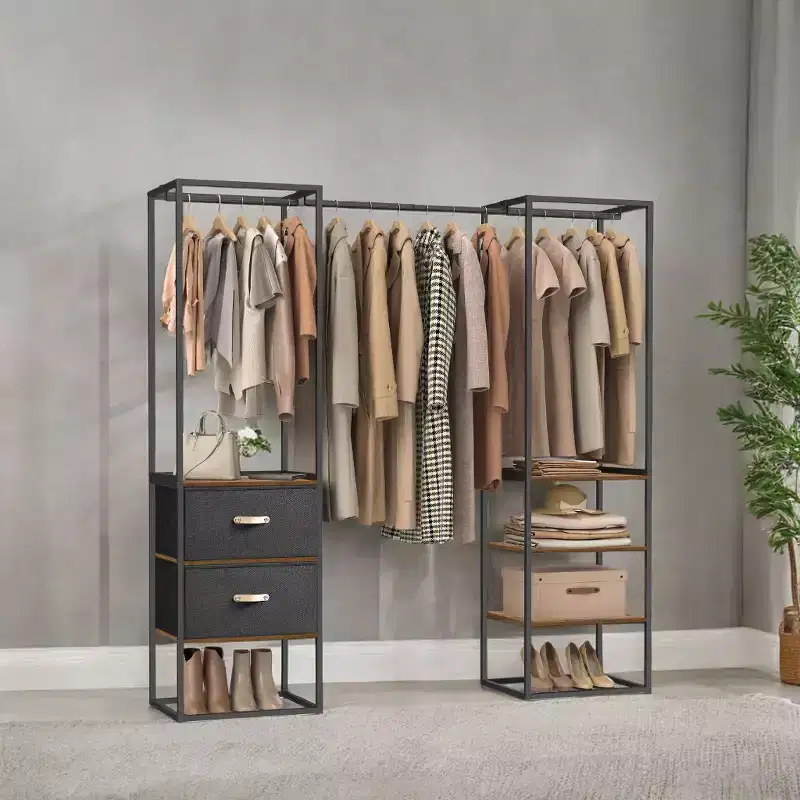 Freestanding Closet Heavy Duty Garment Rack 70.9 Inch Clothes Rack with 1 Extendable Hanging Rod, 2 Drawers, and 4 Shelves, Rustic Brown