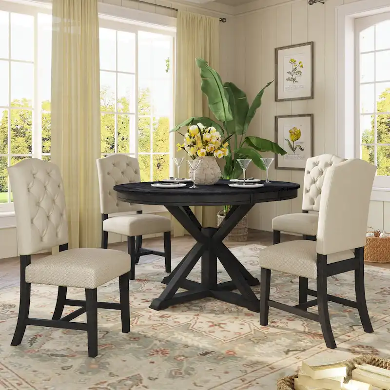 Functional Dining Table Set with Extendable Table and 4 Upholstered Chairs