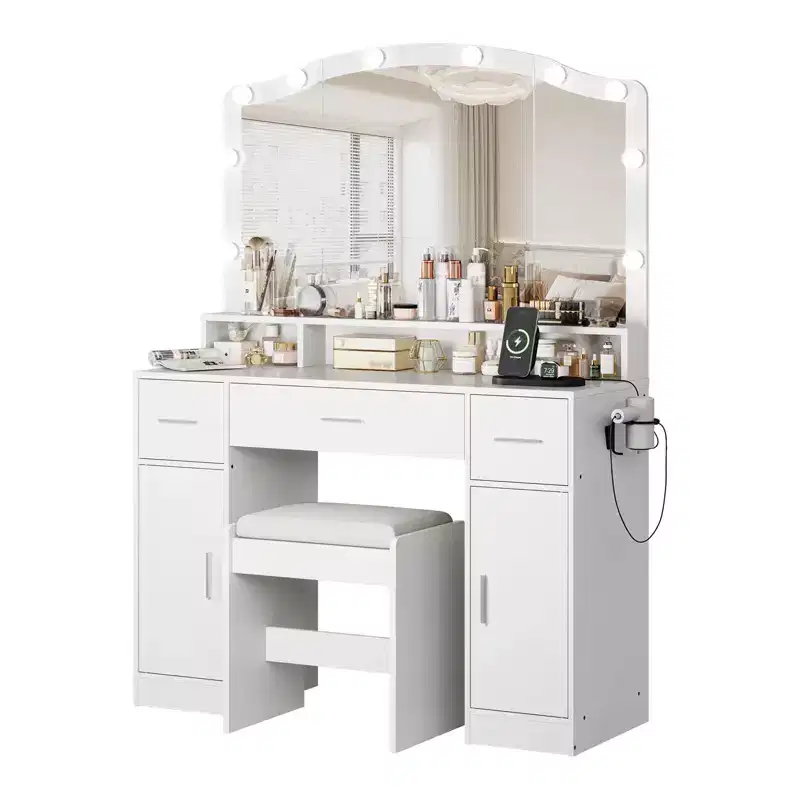 Vanity Desk with Mirror and Lights, 10 LED Lights, 3 Drawers, Power Outlet, Dressing Table