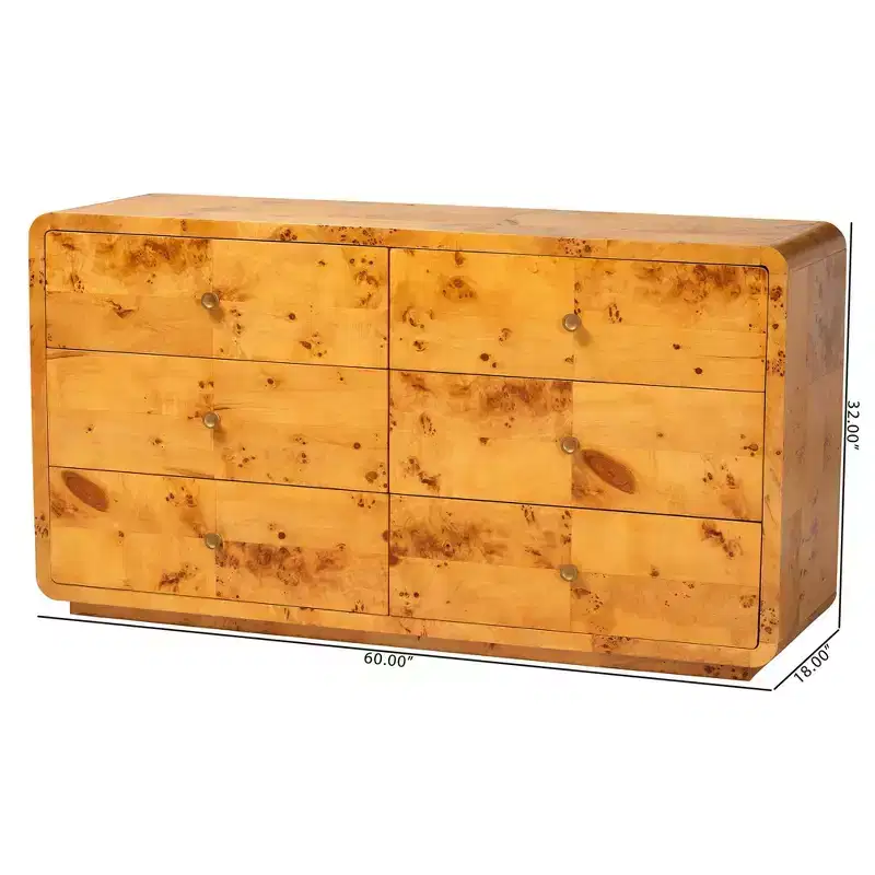 bali & pari Netra Real Burl Wood 6 Drawer Dresser Light Mappa Burl
