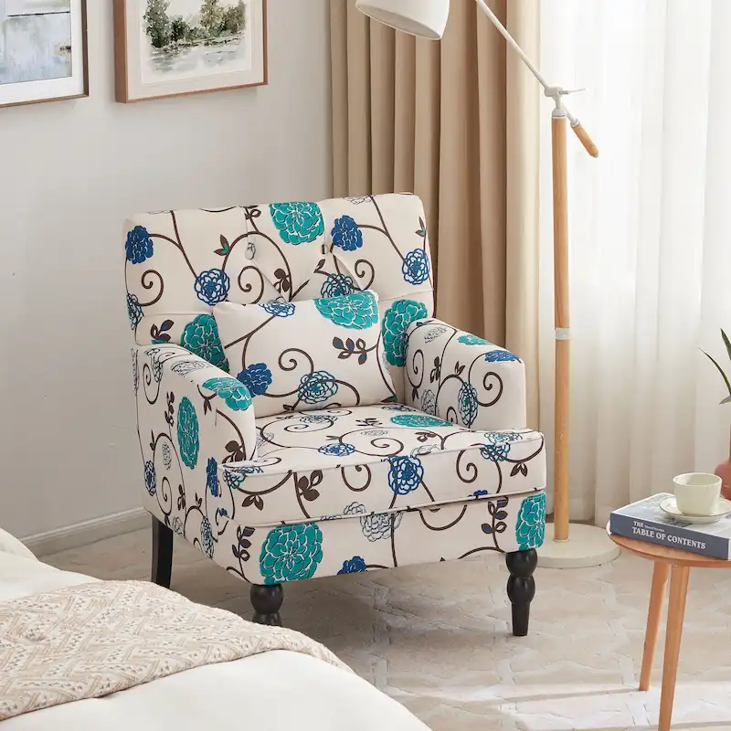 HUIMO Arm Chair Upholstered Button Tufted Accent Chair with Lumbar Pillow Beige/ Grey/ Light Blue/Brown