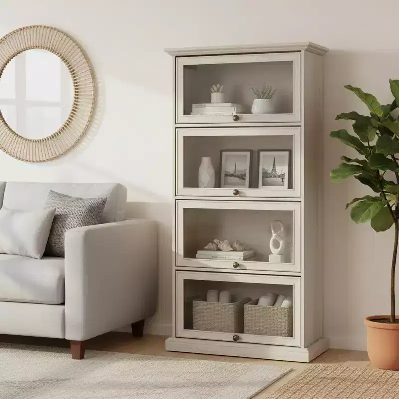 4-Tier Glass Display Cabinet with Flip-Up Doors for Living Room, Entryway or Office