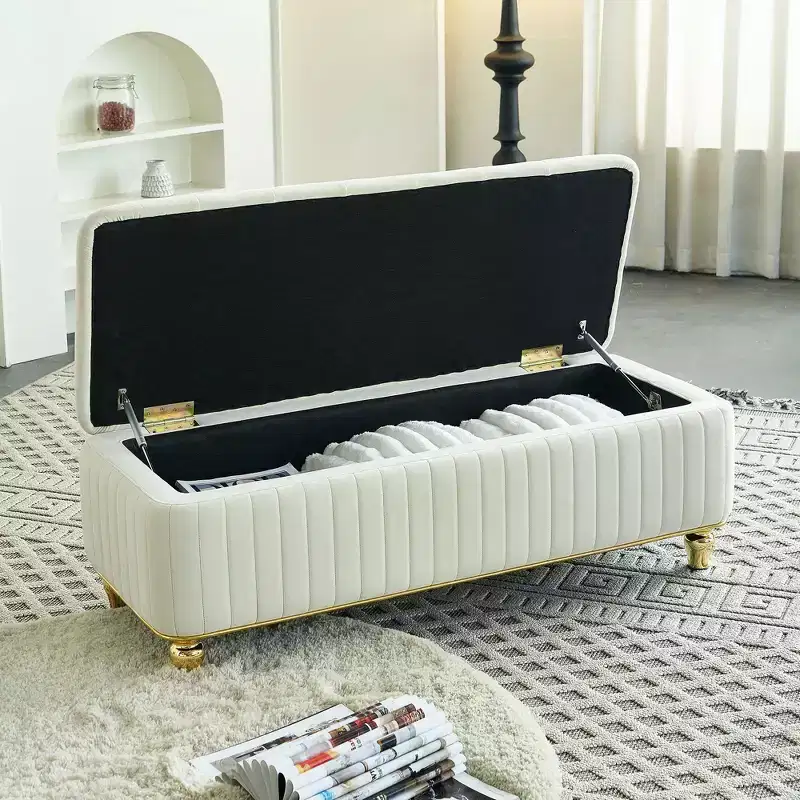Okak Modern Luxury Flip Top Deep Button Ottoman Bench with Gold Decor & Metal Legs,Upholstered Storage Bench for Living Room,Bedroom