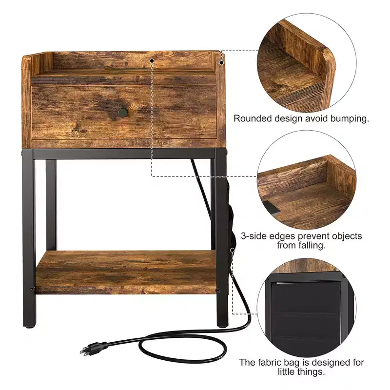 FABATO End Table and Nightstand w/ USB Charging Station and Power Supply Cord for Living Rooms and Bedrooms, Side Storage Bag Included, Rustic Brown