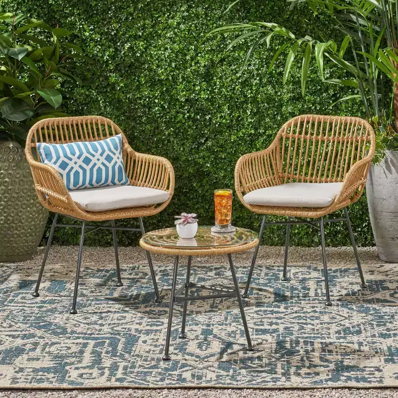 Lehrman 3pc Faux Wicker Chat Set: Steel Frame, Weather-Resistant, Christopher Knight Home