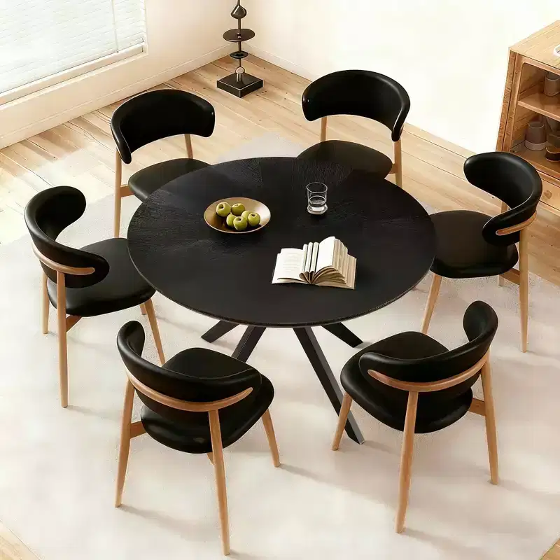 MAYEERTY 47 Round Solid Wood Dining Table, Black Intersecting Pedestal Base 4-6 Seater for Kitchen & Dining Room