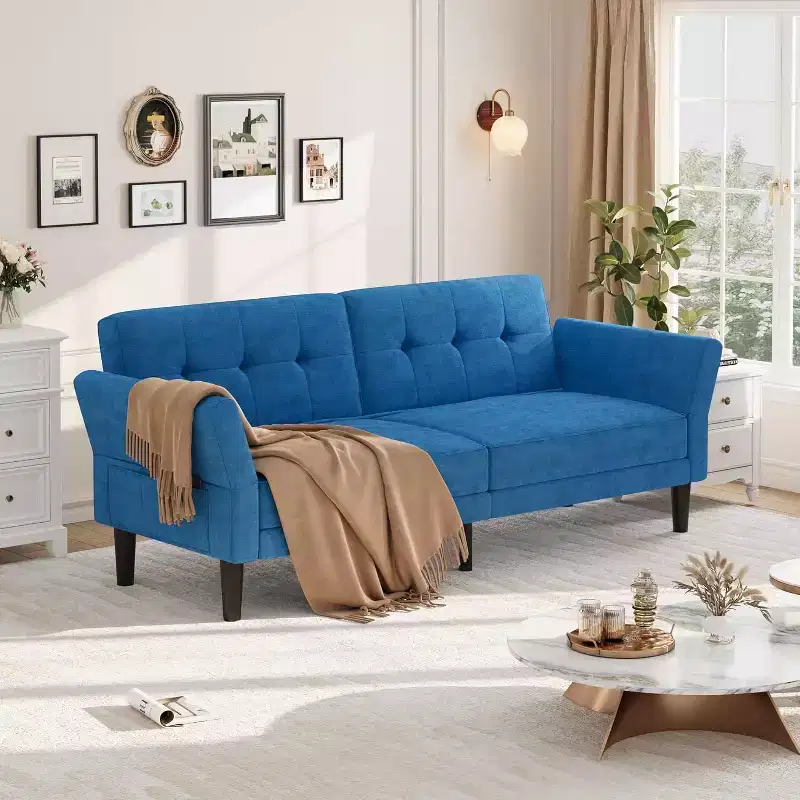 Convertible Sleeper Sofa with Adjustable Backrest and Armrests – Chenille Loveseat Futon