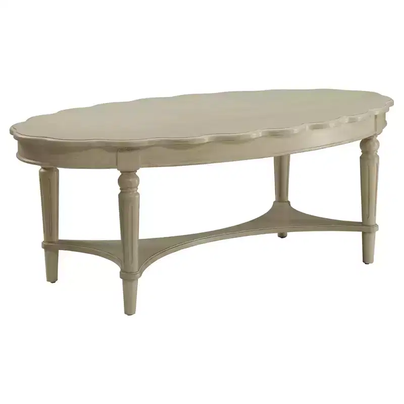 White Oval Coffee Table, Antique Finish, Wood Legs, 1-Piece