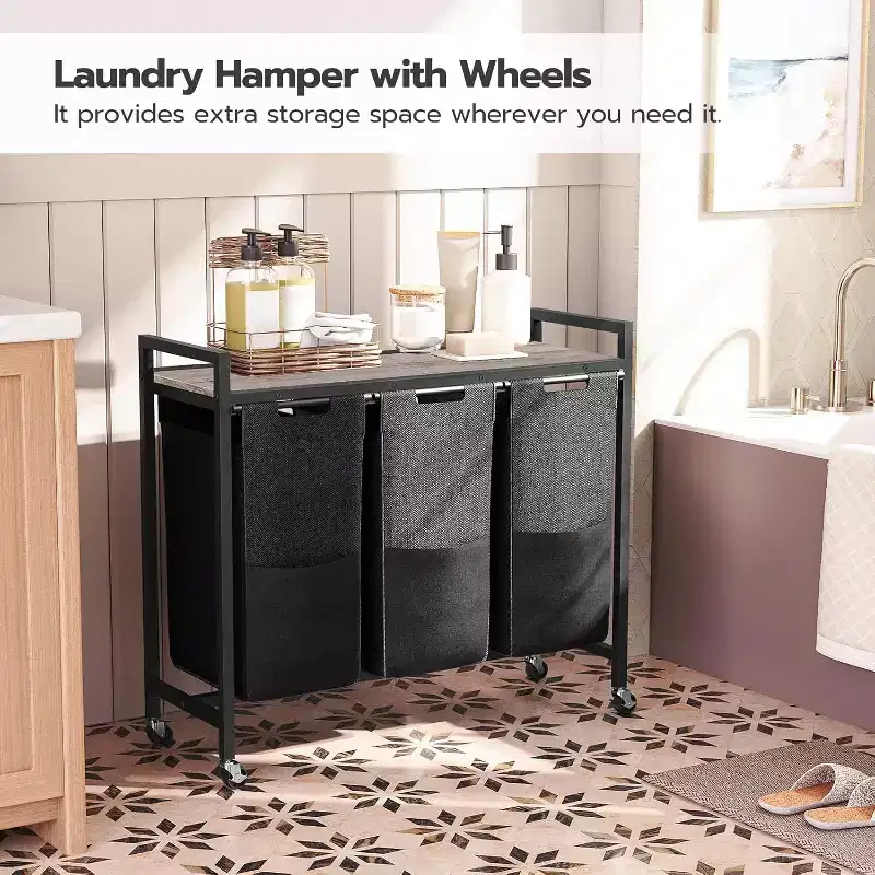 ACOINEL 3 Section Laundry Sorter, 311.5 Gal (43.4L) Rolling Laundry Hamper with Wheels, Greige & Black for Laundry Room Bathroom Bedroom