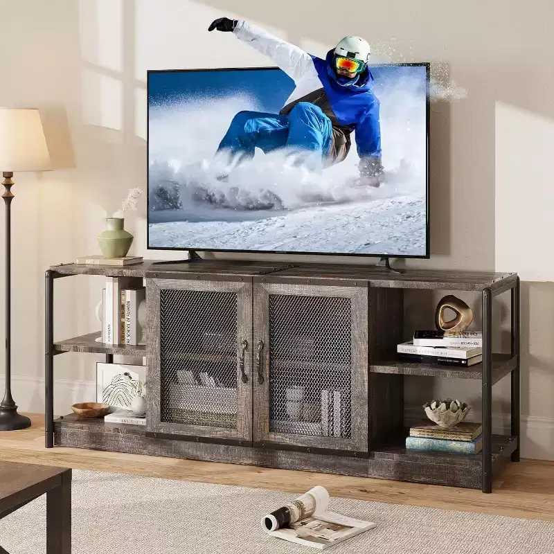 Industrial TV Stand for TVs up to 65'' / 75, Rustic Entertainment Center with Double Mesh Door Cabinet & Open Shelves, Media Console for Living Room