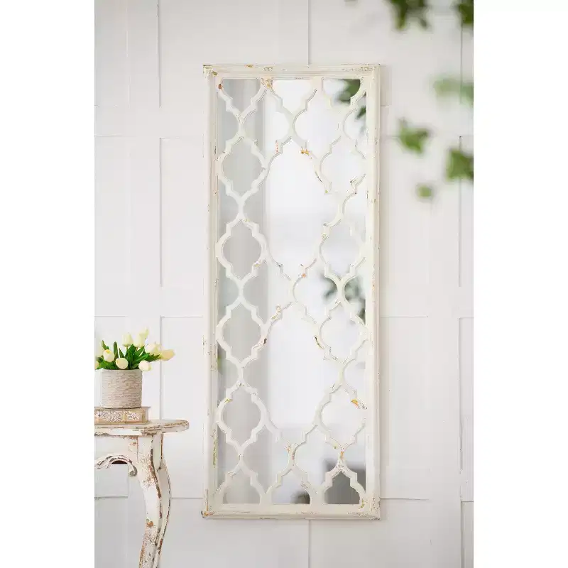 Full Length Floor Mirror with Octagon Frame, 24 x 60 Inch, Distressed White