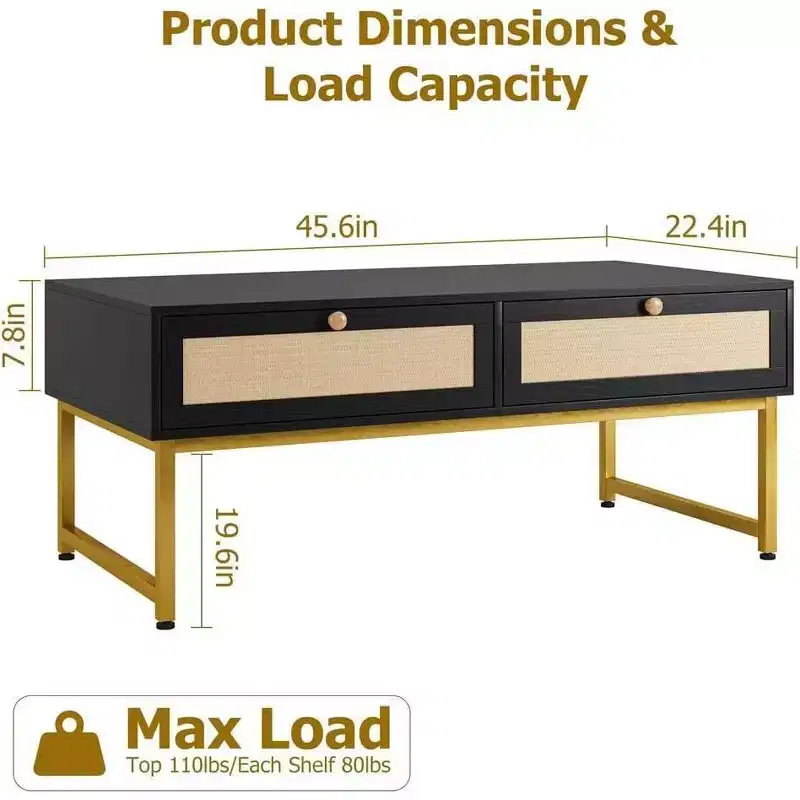 Acekool 46 Metal Frame Rattan Coffee Table with Double Drawers, Hidden Storage Compartment & Open Shelf