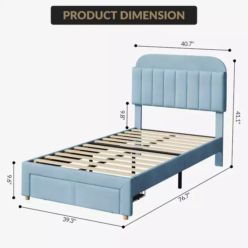 Acekool Twin Bed Frame for Kids with Upholstered Platform, Large Storage Drawer and Bookcase Headboard, Noise-Free and Easy Assembly,Beige
