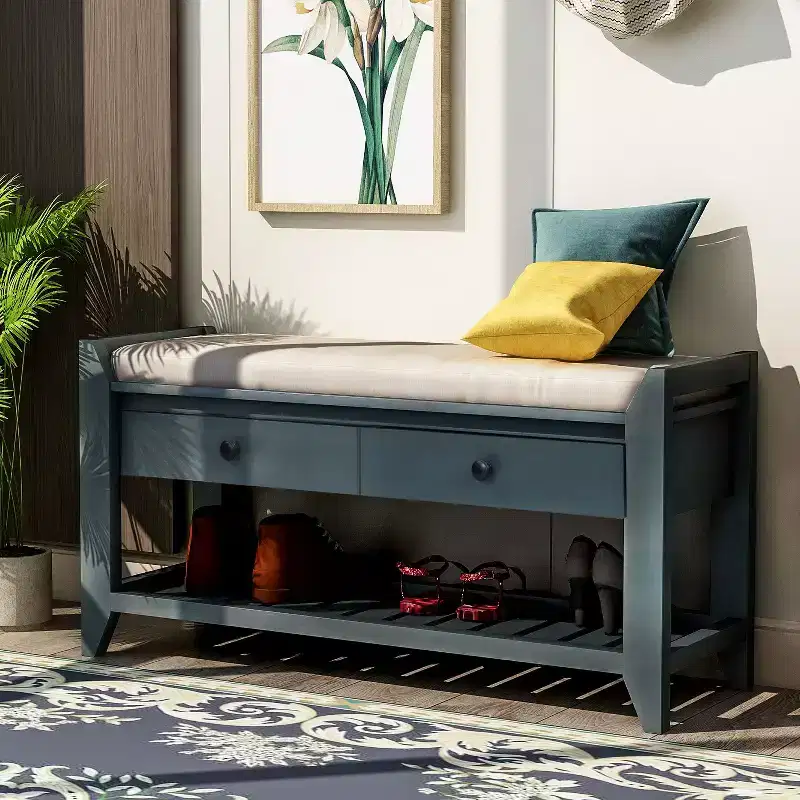 TUYOHW Farmhouse Wood Storage Bench with 2 Drawers & Shoe Rack,Weathered Entryway Bench with Cushion for Bedroom,Living Room