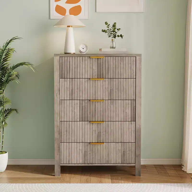 Fluted 5 Drawer Dresser, 45 Tall Slim Wooden Chest of Drawers for Small Spaces, Modern Farmhouse Dresser for Bedroom, Nursery, Apartment