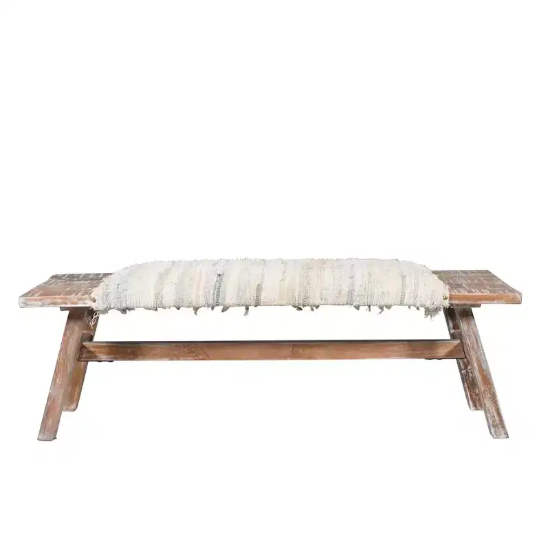 HomeRoots 50 White and Brown Cotton Upholstered Striped Bench