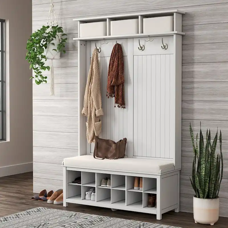 Solid Wood Hall Tree with 6 Hooks, Shoe Storage & Cushioned Bench