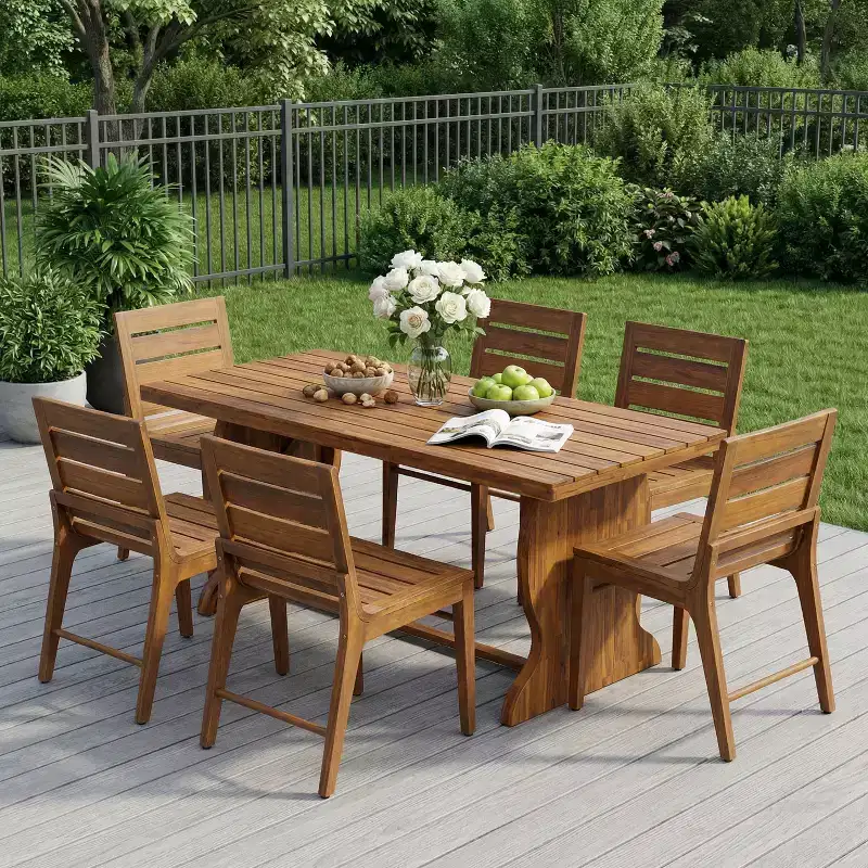 Christopher Knight Home Lorenzo Modern 7 Piece Acacia Wood Dining Table Set with Slatted Design and Fishtail-Shaped Legs