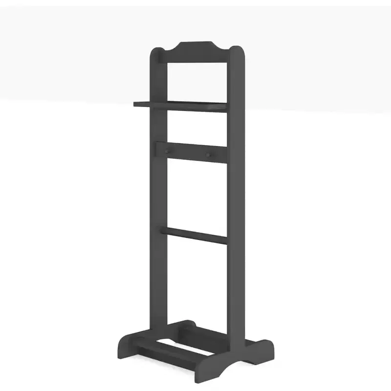 Portable Wooden Clothes Rack, 5-in-1 Suit Valet Stand with Shoe Shelf, Coat Hanger & Top Tray, 47.24 Tall, Black