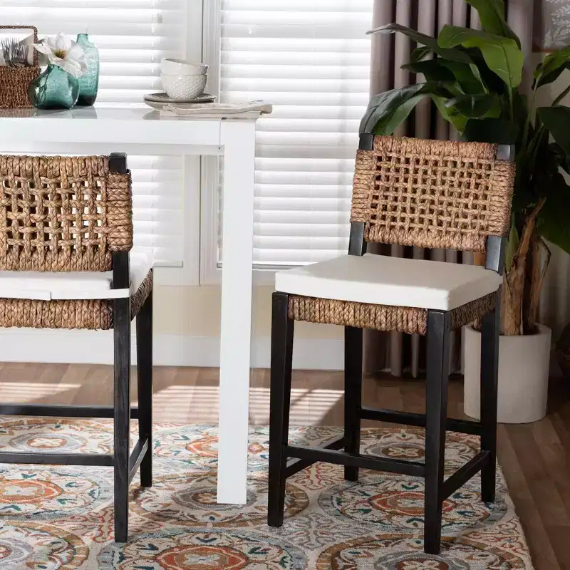 Modern Bohemian Mahogany Wood and Seagrass Counter Stool