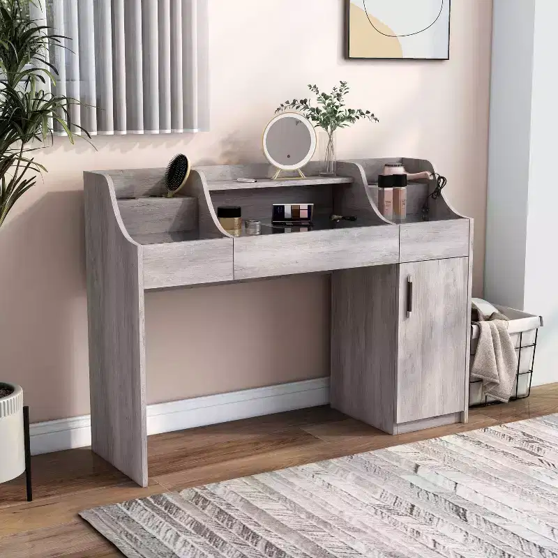 24/7 Shop At Home 49" Peacemeld Contemporary 3 Drawer Makeup Vanity Table with Glass Top Coastal White: Bedroom Vanity with Ample Storage