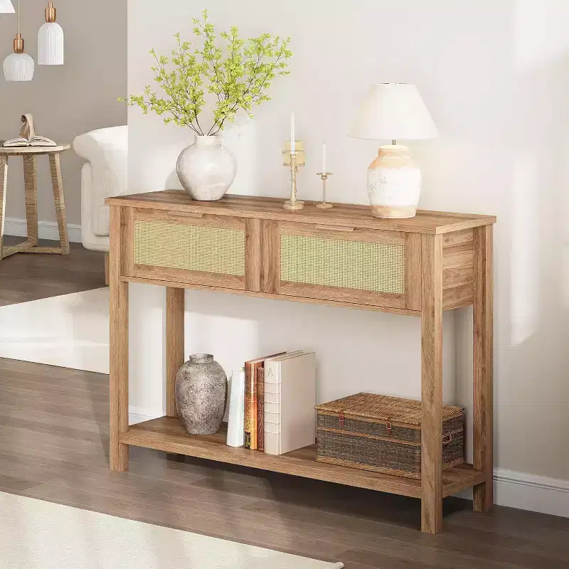 Rattan Entryway Table with Drawers, Boho Console Table for Entryway, Wooden Sofa Table with Storage, 2 Tier Console Table for Living Rooms, Hallway
