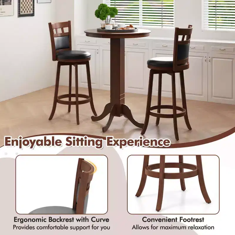 Costway Wood Swivel Bar Stools Set of 2 with Faux Leather Upholstered Seat & Back