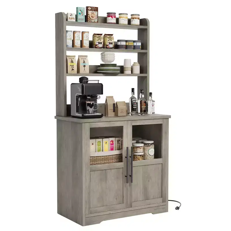 COZONY Bakers Rack with Power Outlet and 2 Glass Door, 63 Tall Farmhouse Wood Microwave Stand with Hutch & 3 Shelves, Coffee Bar Cabinet