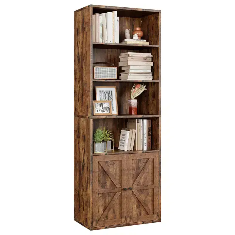 Retro Brown 71.4 Tall Farmhouse Bookcase Set of 2 C 6-Tier Industrial Shelves with Barn Doors for Living Room/Bedroom/Office